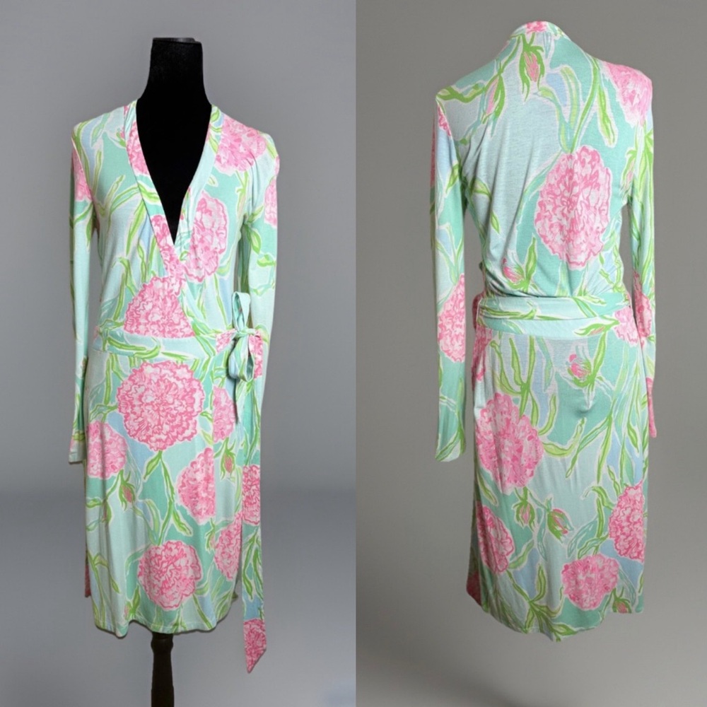 Lilly Pulitzer MERIDIAN WRAP DRESS IN POOLSIDE BLUE GOING STAG SIZE XS